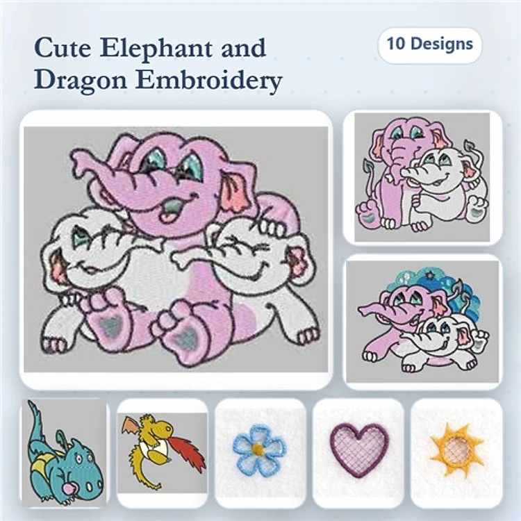 Cute Elephant & Dragon Embroidery Bundle – Cute Elephant with Friends, Pink Dragon, Blue Dragon & More (10 Designs)