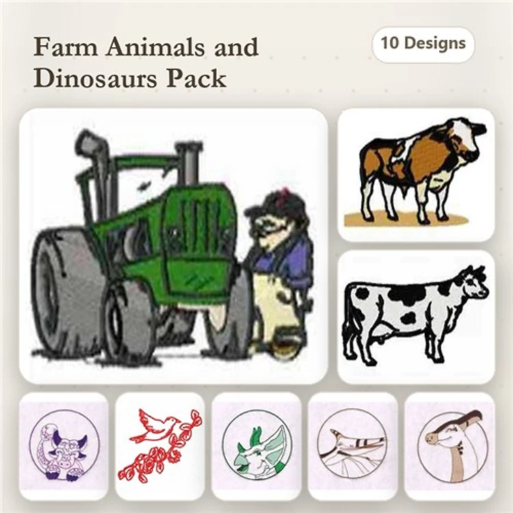 Farm Animals & Dinosaurs Embroidery Bundle – Tractor and Farmer, Cow, Goat & More (10 Designs)