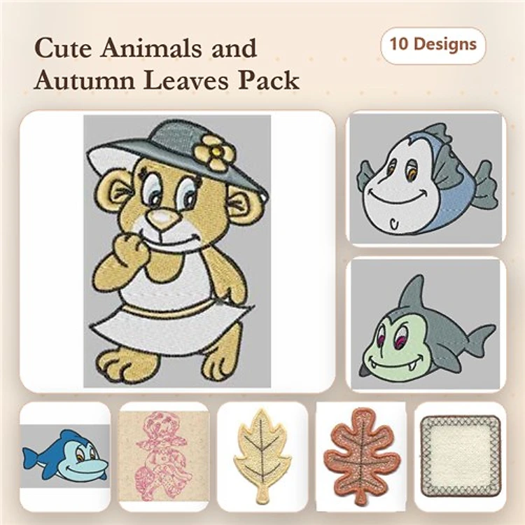 Cute Animal Embroidery Designs Bundle – Baby Lion, Fish, Shark & More (10 Designs)