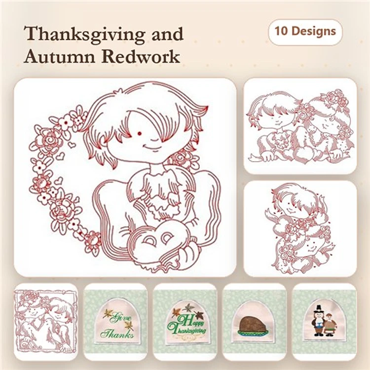 Redwork Thanksgiving Embroidery Designs Bundle – Thanksgiving Boy, Thanksgiving Girl, Autumn Wreath & More (10 Designs)