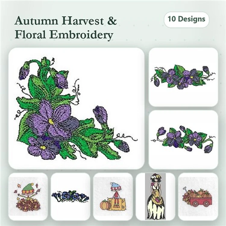 Autumn Harvest and Floral Embroidery Designs Bundle – Violet Floral Arrangement, Harvest Basket, Car with Pumpkins & More (10 Designs)