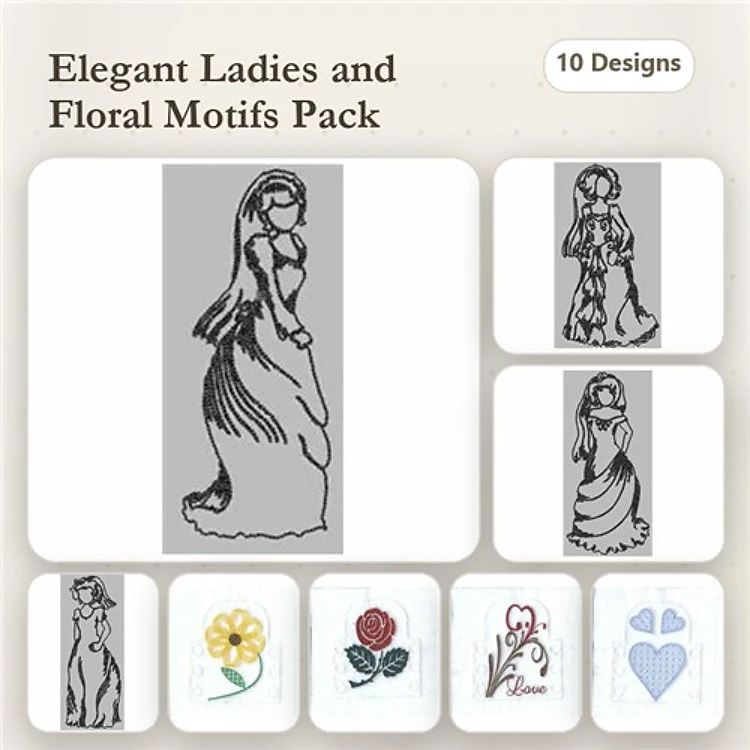 Redwork Elegant Ladies & Floral Embroidery Bundle – Elegant Lady in Dress, Flower Motif & More (10 Designs)