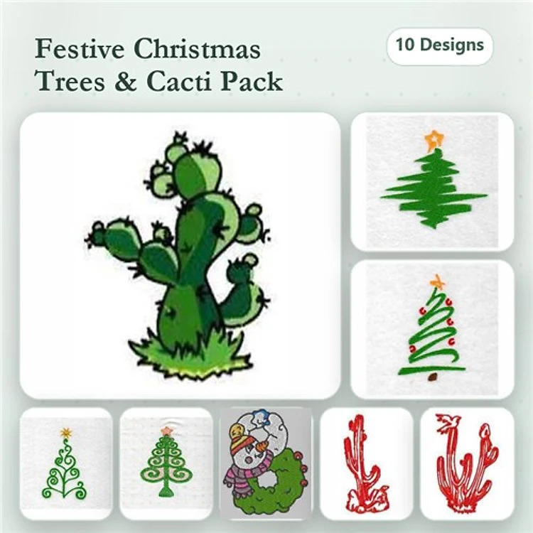 Festive Christmas Trees & Cacti Embroidery Designs Bundle – Cactus with Christmas Star, Decorated Christmas Tree & More (10 Designs)