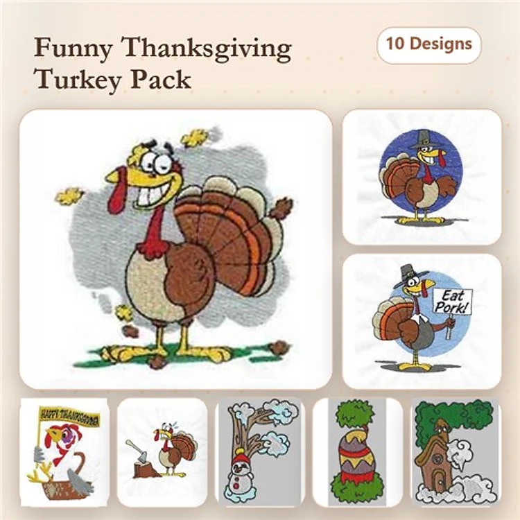 Funny Thanksgiving Turkey Embroidery Designs Bundle – Humorous Turkey with Sign, Turkey with Pie, & More (10 Designs)