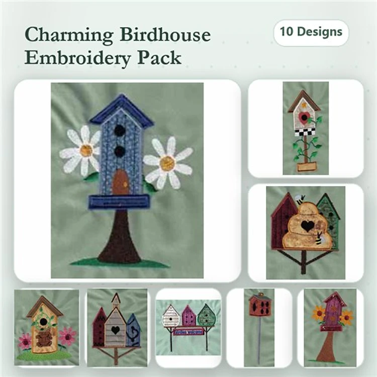 Birdhouses with Floral Accents Embroidery Bundle – Blue Birdhouse with Flowers, Pink Birdhouse, Red Birdhouse with Green Flowers & More (10 Designs)