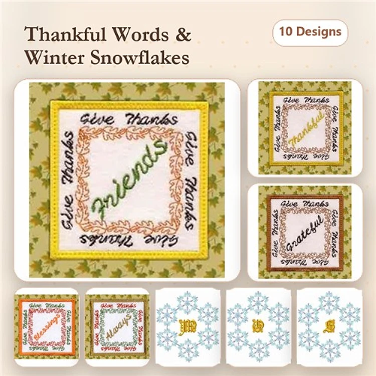Thankful Words & Snowflakes Embroidery Designs Bundle – Give Thanks Square, Friends Square, & More (10 Designs)