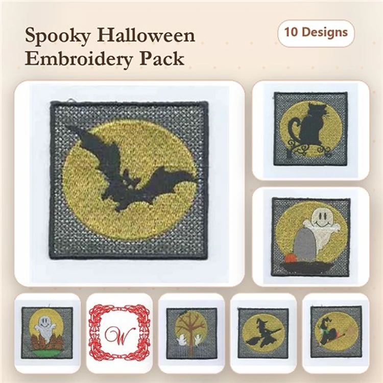 FSL Halloween Embroidery Designs Bundle – Bat with Moon, Black Cat, Ghost & More (10 Designs)