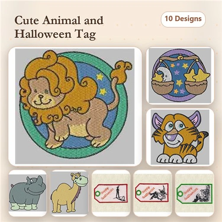 ITH Cute Animals & Halloween Embroidery Bundle – Lion, Tiger, Hippo, Halloween Basket & More (10 Designs)