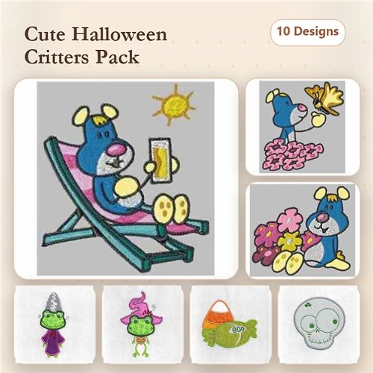 Applique Halloween Themed Critters Embroidery Designs Bundle – Dog on Beach Chair, Green Goblin, Purple Witch & More (10 Designs)
