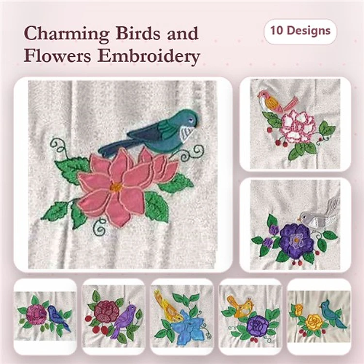 Applique Birds & Flowers Embroidery Designs Bundle – Blue Bird with Flowers, Pink Flower, Red Bird with Flowers & More (10 Designs)