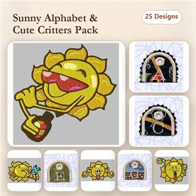ITH Sunny Alphabet & Critters Embroidery Designs Bundle – Sunny Face, Letter A with Sun, Sunny Flower & More (25 Designs)