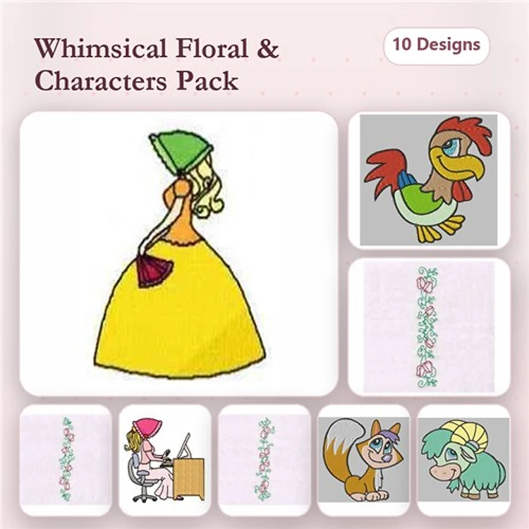 Redwork Floral Characters Embroidery Designs Bundle – Floral Character Girl, Rooster Character, Cat Character & More (10 Designs)