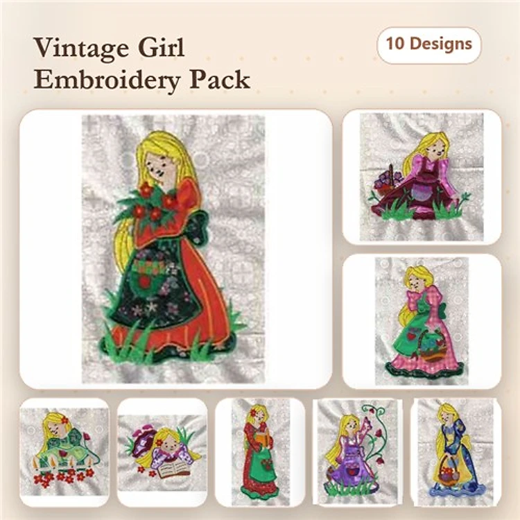 Applique Vintage Girl Embroidery Bundle – Girls with Flowers, Baskets, Dolls & More (10 Designs)