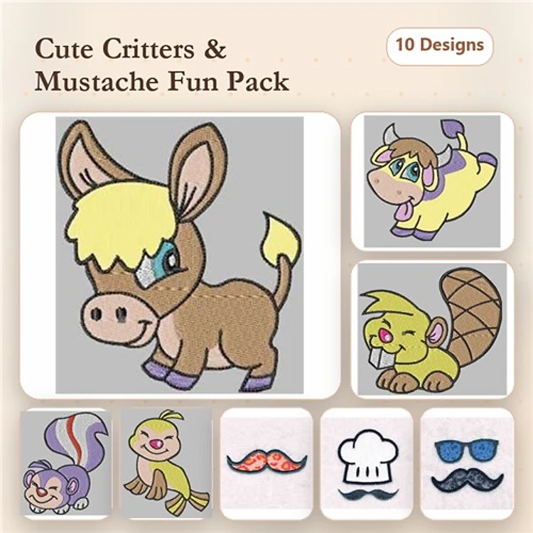 Cute Animals & Mustaches Embroidery Designs Bundle – Horse, Cow, Beaver, Monkey & More (10 Designs)