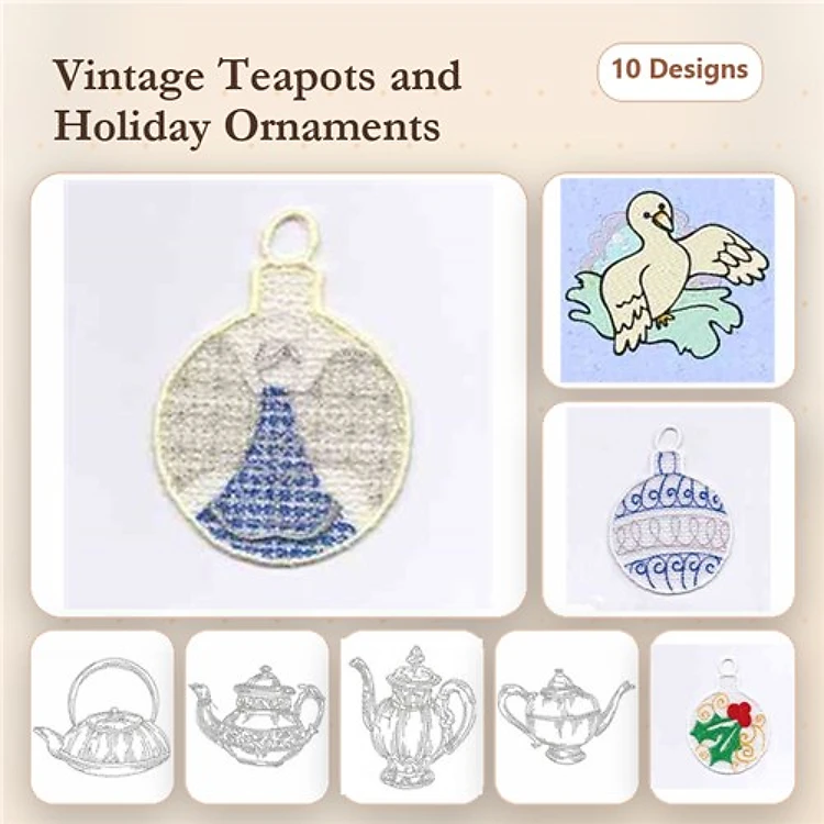 FSL Teapots & Holiday Ornaments Embroidery Designs Bundle – Teapot Ornament, Dove Ornament, Christmas Ball Ornament & More (10 Designs)