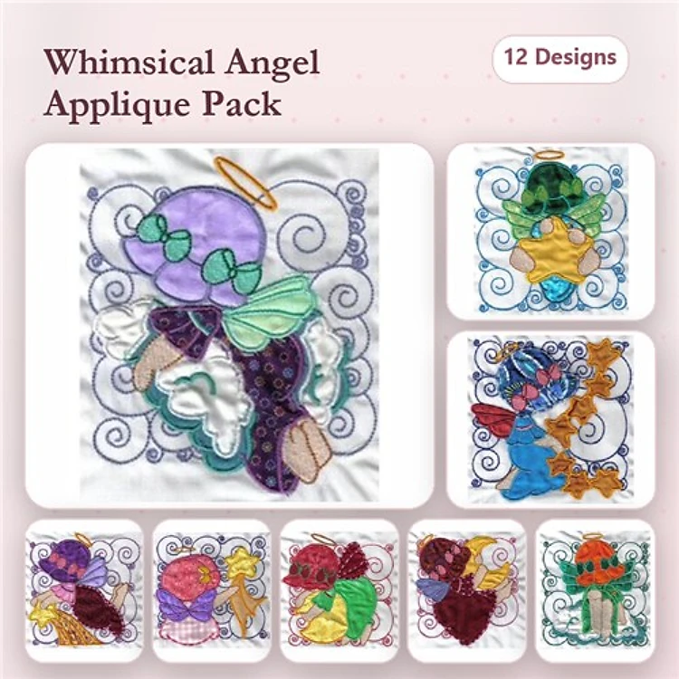 Applique Whimsical Angel Embroidery Bundle – Angel with Halo and Flowers, Colorful Angel with Flowers & More (12 Designs)