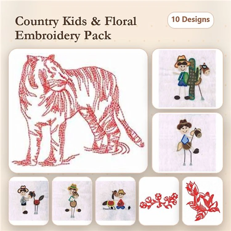 Redwork Country Kids Embroidery Designs Bundle – Red Tiger, Boy with Backpack, Girl with Basket & More (10 Designs)