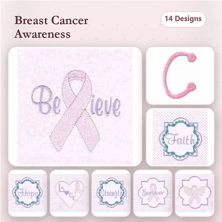 Breast Cancer Awareness Embroidery Designs Bundle – Ribbon, Be Grateful, Faith, Hope & More (14 Designs)
