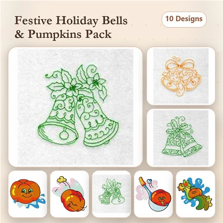 Redwork Festive Holiday Bells & Pumpkins Embroidery Designs Bundle – Bells with Holly, Pumpkin with Face, & More (10 Designs)
