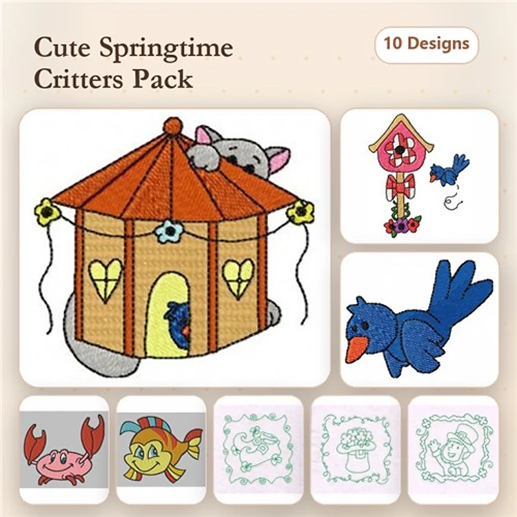 Redwork Springtime Critters Embroidery Designs Bundle – Mouse in Dog House, Blue Bird, Crab & More (10 Designs)