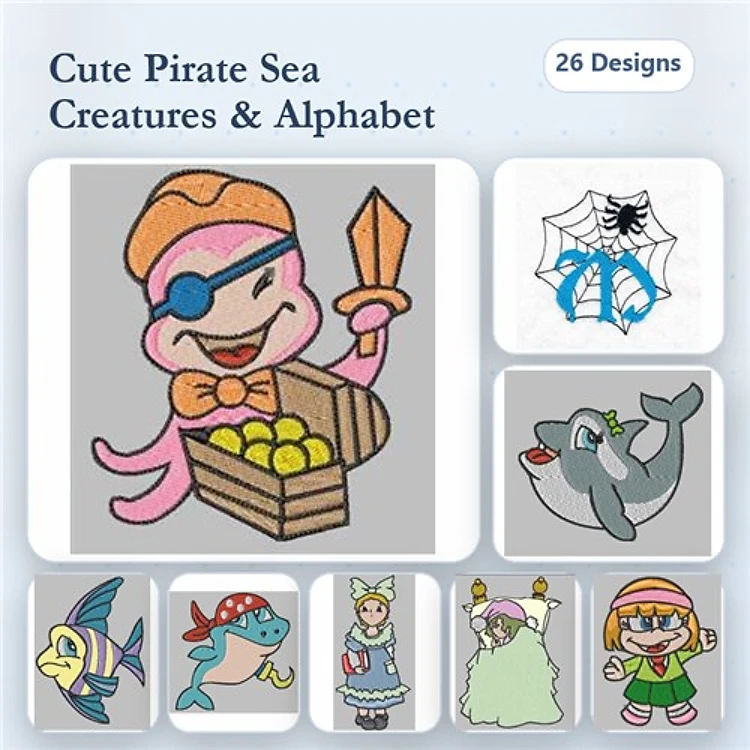 Cute Pirate-Themed Embroidery Designs Bundle – Pirate Octopus, Dolphin, Pirate Girl & More (26 Designs)