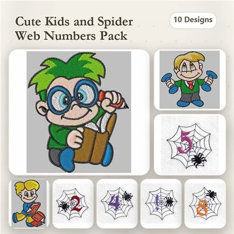 Cute Kids Embroidery Designs Bundle – Boy Reading Book, Girl with Pigtails, & Number Designs (10 Designs)