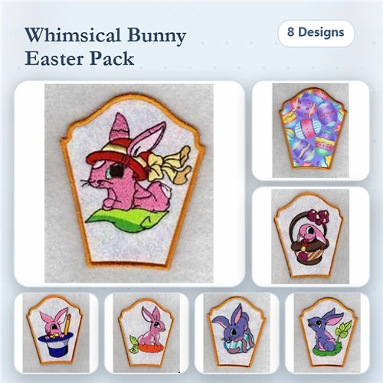 Applique Whimsical Bunnies Embroidery Designs Bundle – Bunny with Basket, Bunny in Hat, Bunny with Egg & More (8 Designs)