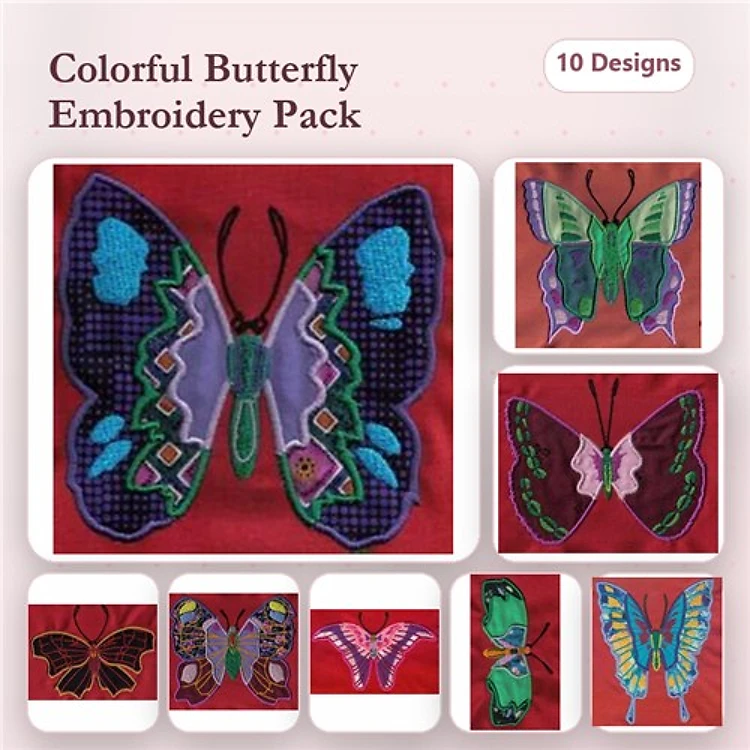 Applique Colorful Butterflies Embroidery Bundle – Colorful Butterfly 1, Colorful Butterfly 2, Colorful Butterfly 3 & More (10 Designs)