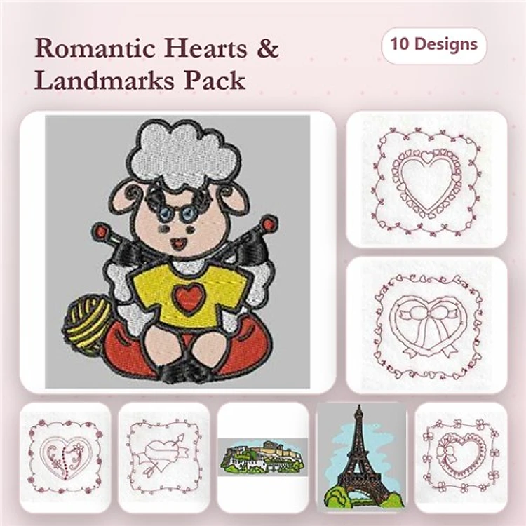 Redwork Romantic Landmarks Embroidery Designs Bundle – Sheep with Heart, Eiffel Tower, Love Birds & More (10 Designs)