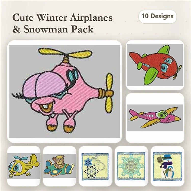 Airplane & Snowman Embroidery Designs Bundle – Cute Airplanes, Snowman with Scarf & More (10 Designs)