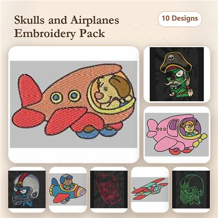 Skulls & Airplanes Embroidery Designs Bundle – Airplane with Dog, Skull Pilot, Pirate Skull & More (10 Designs)