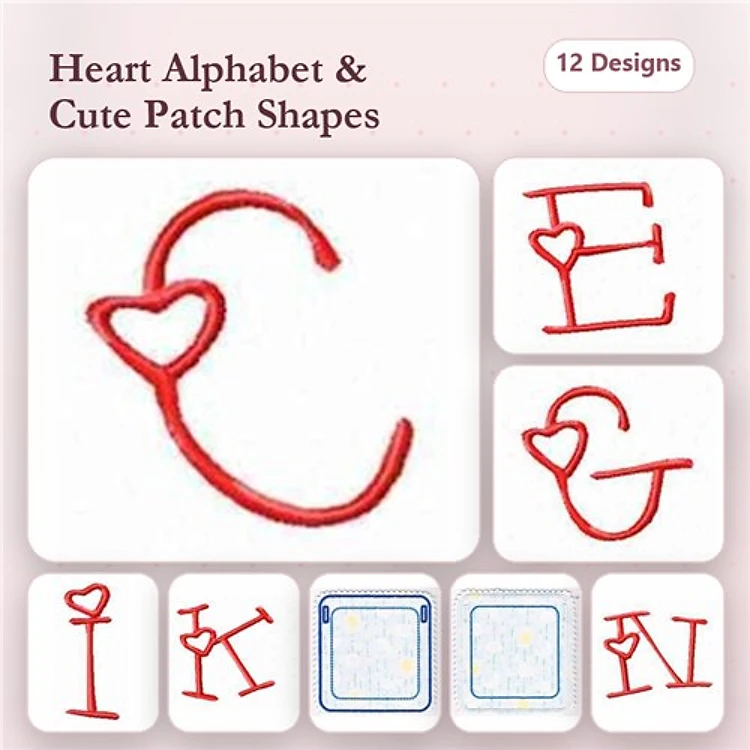 Redwork Heart-Themed Embroidery Designs Bundle – Heart Letter C, Heart Letter E, Heart Letter G & More (12 Designs)
