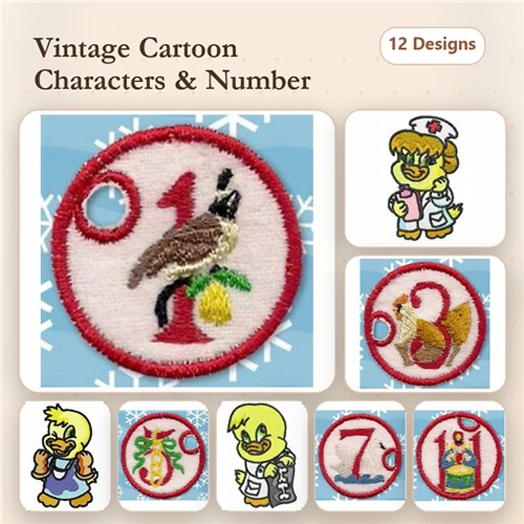 Vintage Cartoon Characters Embroidery Designs Bundle – Number 1 Bird, Number 2 Duck, Number 3 Girl & More (12 Designs)