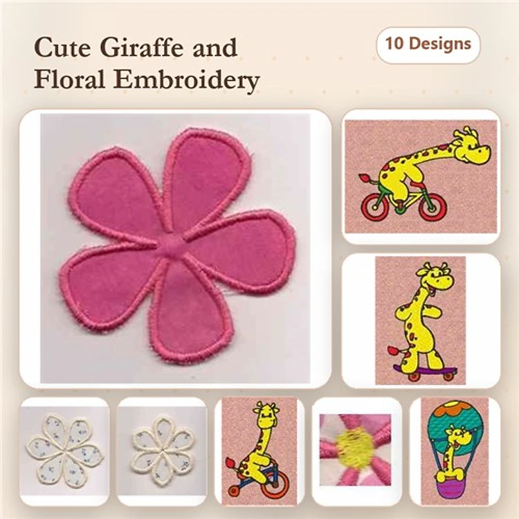 Applique Giraffes & Floral Embroidery Designs Bundle – Giraffe on Bicycle, Giraffe with Flower, & More (10 Designs)