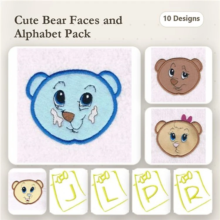 Applique Cute Bear Faces Embroidery Bundle – Blue Bear Face, Brown Bear Face, Bear with Bow & More (10 Designs)
