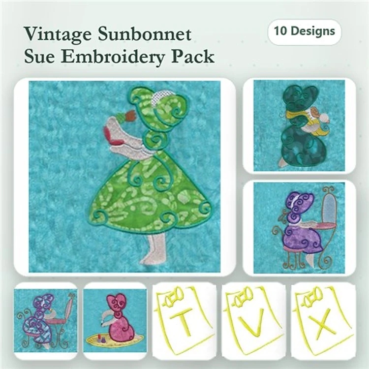 Applique Sunbonnet Sue Characters Embroidery Designs Bundle – Sue with Green Dress, Hand Mirror, Sunglasses & More (10 Designs)