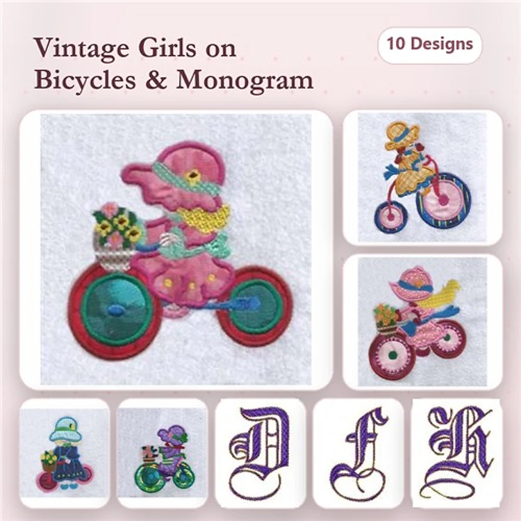 Applique Vintage Girls on Bicycles Embroidery Bundle – Girl on Pink Bicycle with Flowers, Girl on Blue Bicycle, Monogram D & More (10 Designs)