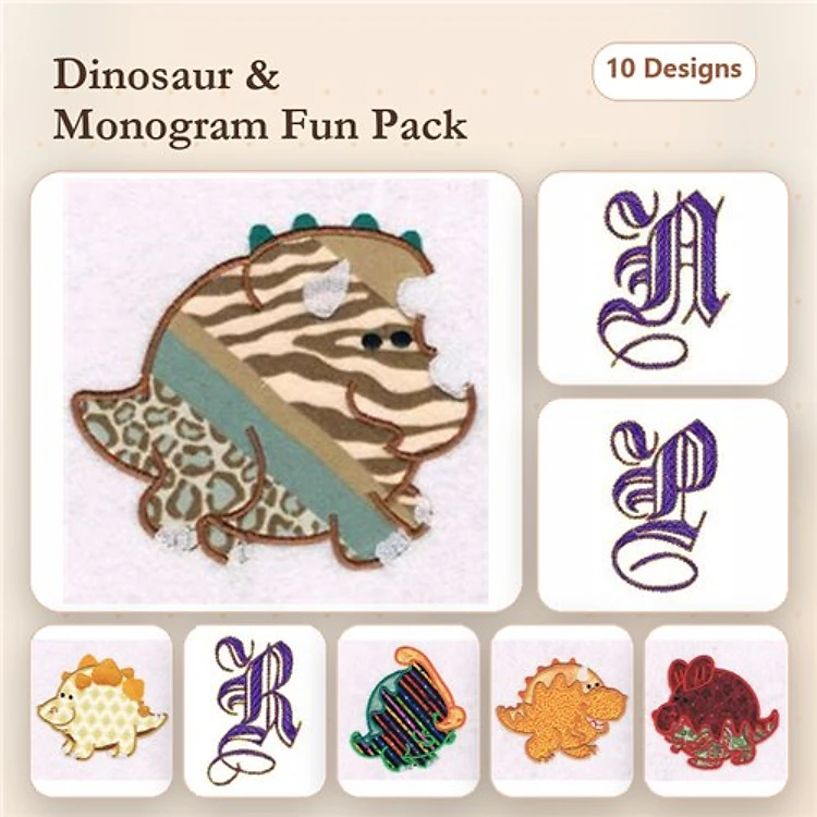 Applique Dinosaurs & Monograms Embroidery Bundle – Dinosaur with Leopard Print, Monogram N, Dinosaur with Polka Dots & More (10 Designs)
