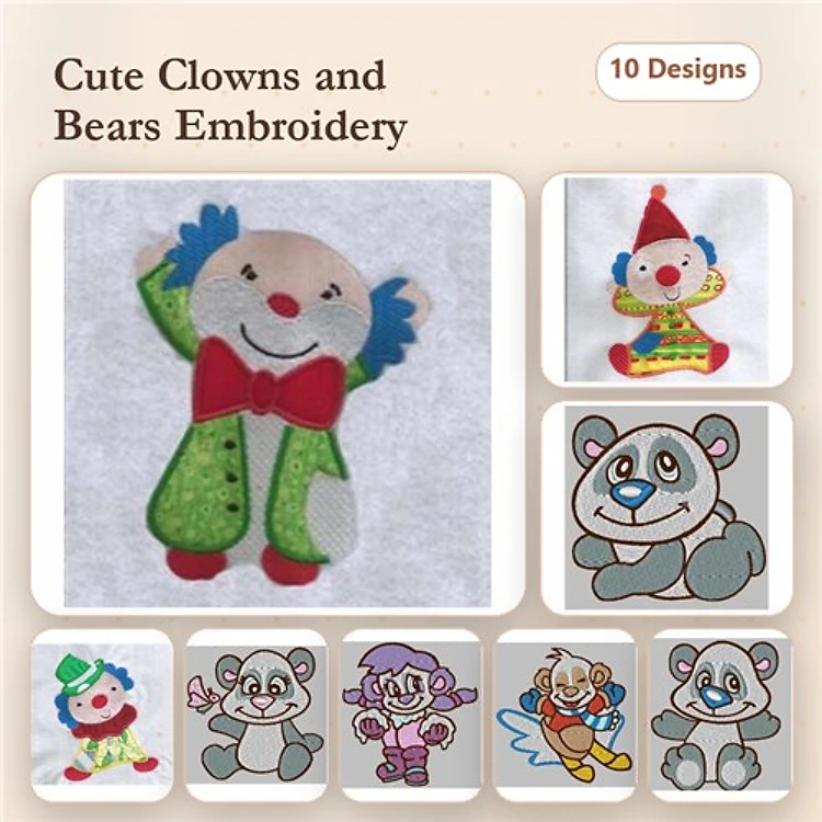 Applique Clowns and Bears Embroidery Designs Bundle – Clown with Green Coat, Brown Bear with Balloons & More (10 Designs)
