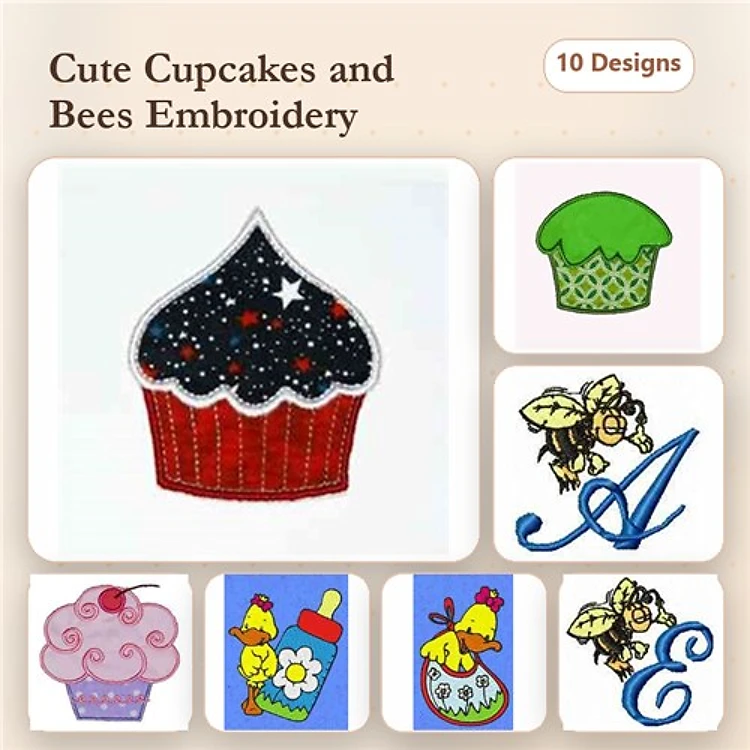 Applique Cupcakes & Bees Embroidery Bundle – Cupcake with Stars, Bee on Flower, Cupcake with Cherry & More (10 Designs)