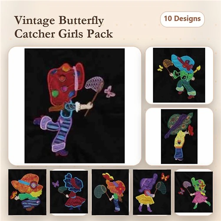 Applique Vintage Butterfly Catcher Girls Embroidery Bundle – Butterfly Catcher Girl with Net, Red Hat, & More (10 Designs)