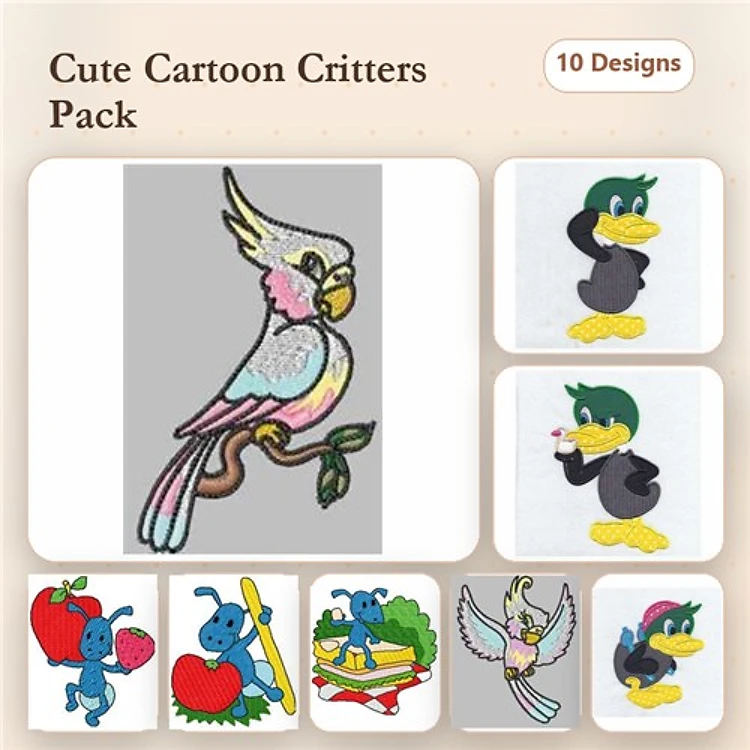 Applique Cartoon Animals Embroidery Designs Bundle – Bird on Branch, Apple with Ant, Penguin with Cap & More (10 Designs)