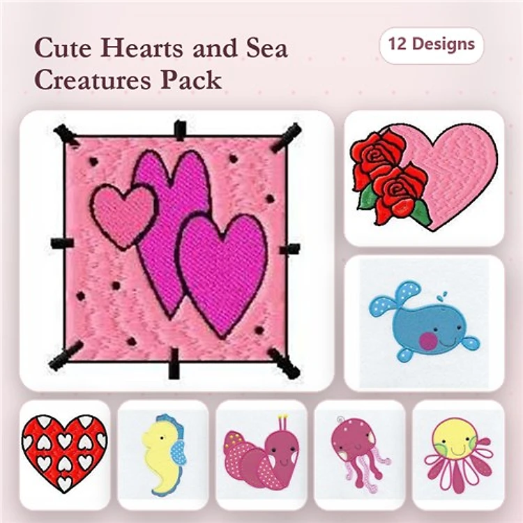 Applique Hearts & Sea Creatures Embroidery Bundle – Pink Hearts, Blue Whale, Seahorse & More (12 Designs)