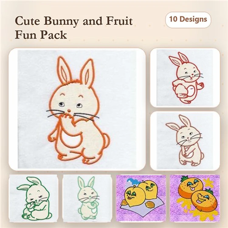 Applique Bunny and Fruit Embroidery Bundle – Cute Bunny with Fruit, Bunny Holding a Carrot, & More (10 Designs)