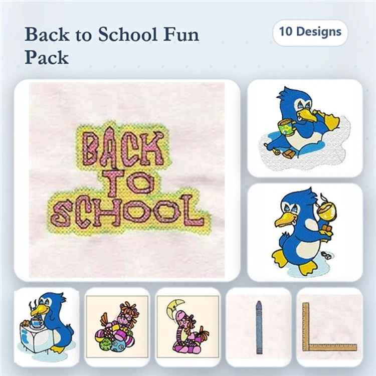 Back to School Embroidery Designs Bundle – Back to School Text, Penguin with Apple, Penguin with Books & More (10 Designs)