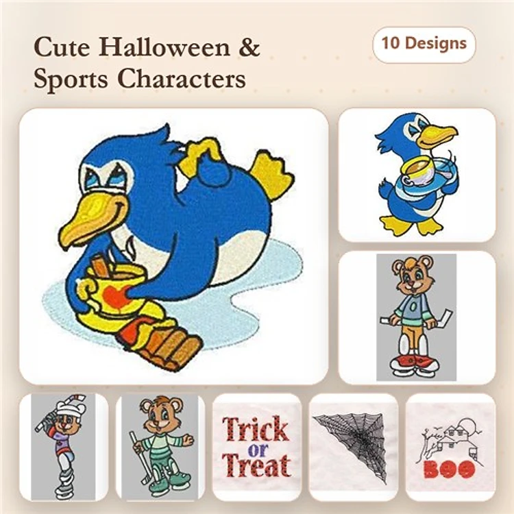 Halloween & Sports Characters Embroidery Designs Bundle – Blue Duck, Teddy Bear Golfer, Trick or Treat & More (10 Designs)