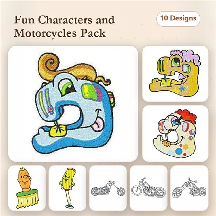 Fun Motorcycle Characters Embroidery Designs Bundle – Motorcycle Character, Clown Motorcycle, Happy Motorcycle & More (10 Designs)