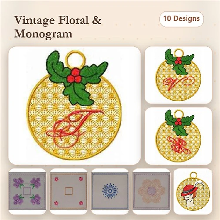 Holiday Floral and Monogram Embroidery Bundle – Monogram with Holly, Floral Ornament & More (10 Designs)