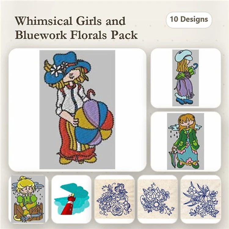 Redwork Whimsical Girls Embroidery Designs Bundle – Girl with Umbrella, Girl with Hat, Girl with Flower Pot & More (10 Designs)
