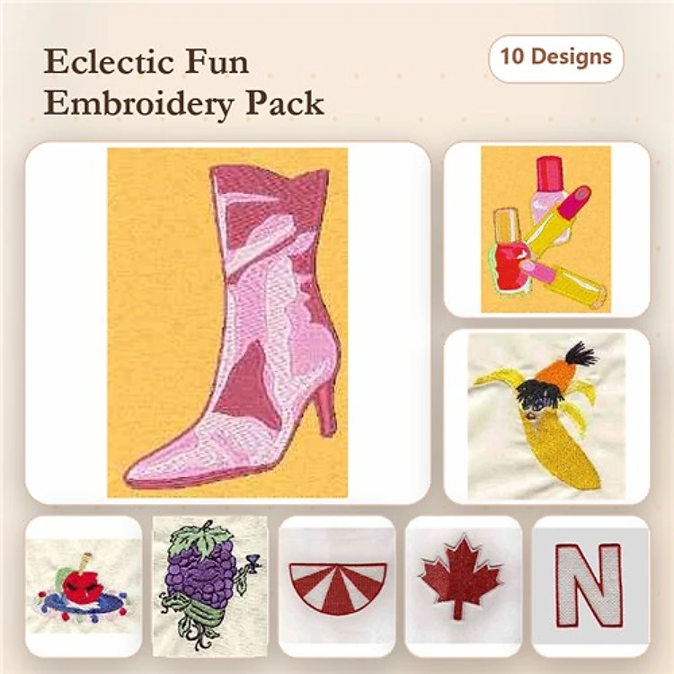 Applique Eclectic Fun Embroidery Designs Bundle – Pink Stiletto Boot, Nail Polish, Parrot & More (10 Designs)